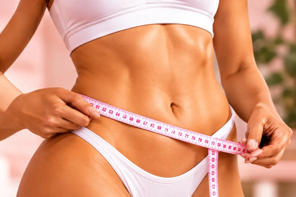 Abdomen de una mujer con una cinta métrica rosa